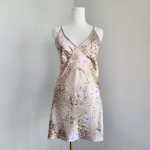 Vintage Y2K Jones New York Beige Leopard Floral Satin Slip Dress Lilac Trim L